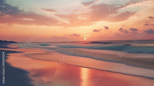 Relaxing sunset view at the beach with gentle waves and vibrant colors over the ocean horizon