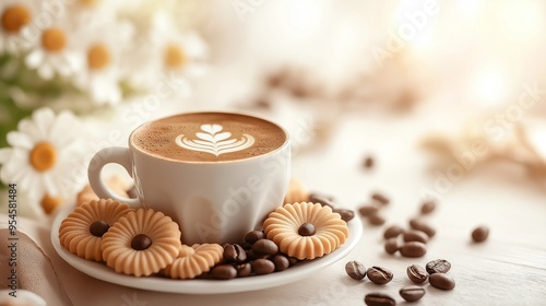 cup of coffee, espresso coffee inside the cup, coffee beans and flowers, cookies 