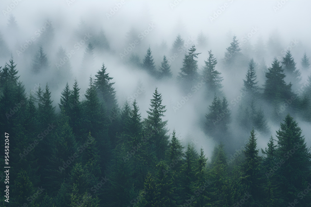 Misty fir forest, a misty forest with tall pine trees covered in a layer of mist creating a serene and mysterious atmosphere Misty fir forest, a misty forest with tall pine trees covered in a layer of mist creating a serene and mysterious atmosphere