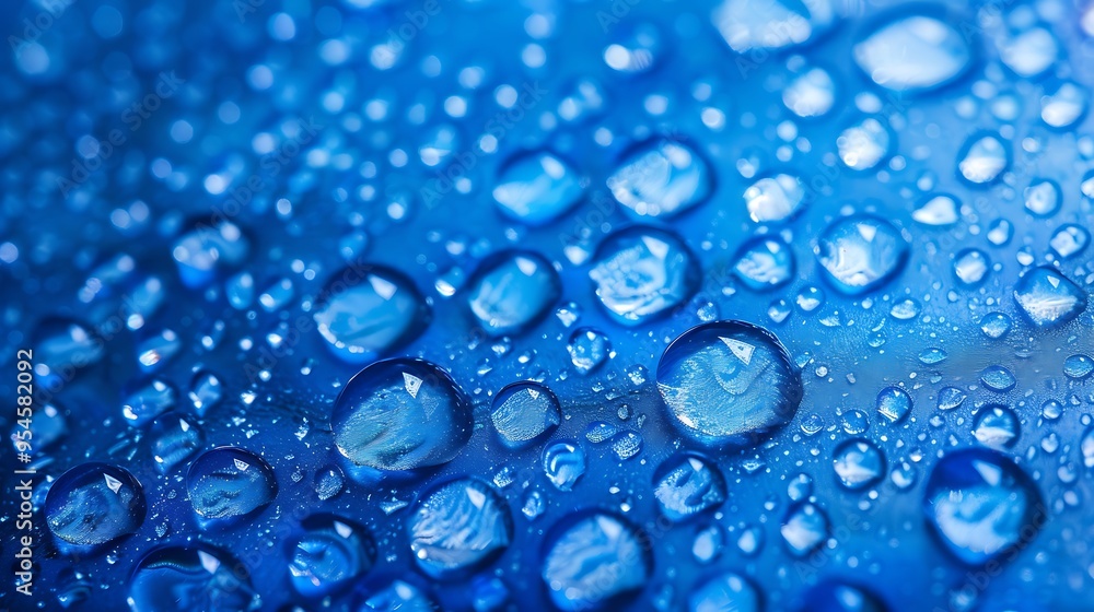 Closeup of blue water droplets on a vivid blue backdrop Closeup of blue water droplets on a vivid blue backdrop