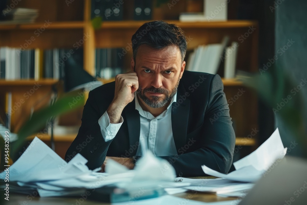 Businessman sitting at his desk with a looking stressed surrounded by paperwork Businessman sitting at his desk with a looking stressed surrounded by paperwork