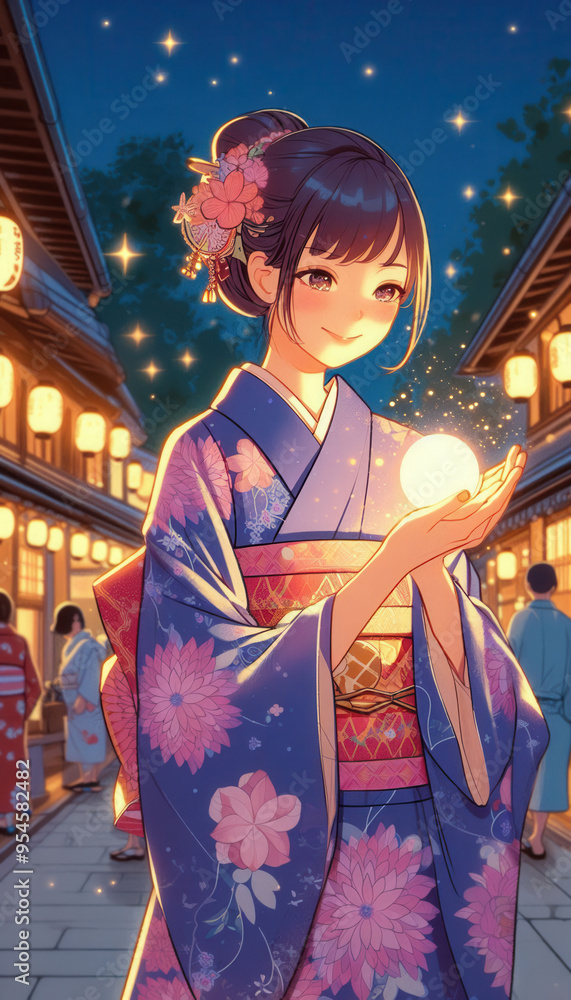 Fototapeta premium イラスト／お祭りを楽しむ浴衣の女性 着物 お祭り