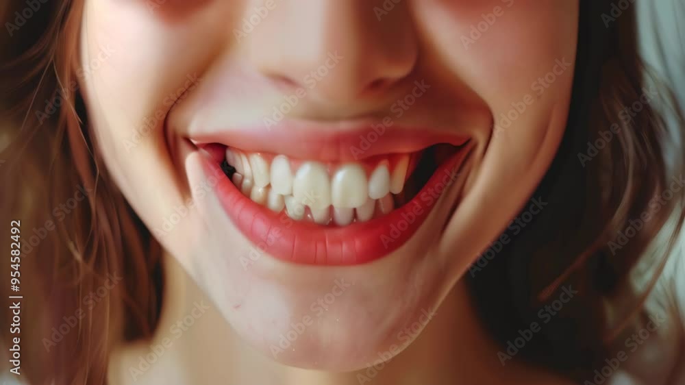 A smiling young woman showcases her bright white teeth in a close-up shot during a sunny afternoon A smiling young woman showcases her bright white teeth in a close-up shot during a sunny afternoon