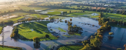 Flooded farmland aerial view, 4K hyperrealistic photo