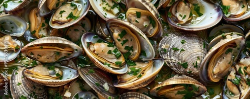 Baked clams with garlic and parsley, 4K hyperrealistic photo