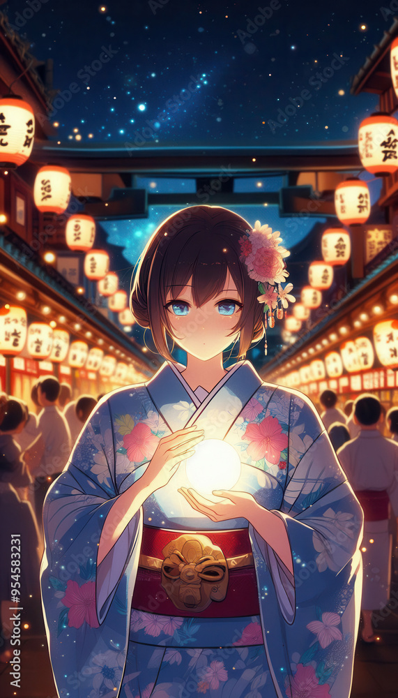 Obraz premium イラスト／お祭りを楽しむ浴衣の女性 着物 お祭り