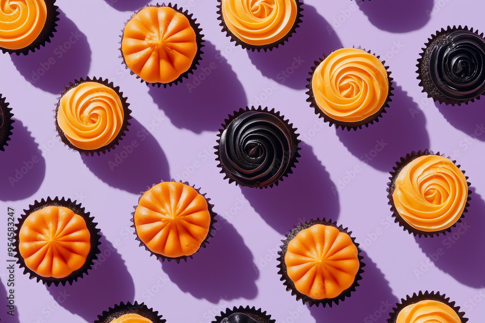 orange and black cupcakes and pastries of various shapes, placed on a light purple background, with shadows cast by the sunlight. Halloween treats idea. The pattern is symmetrical, with pastel colors orange and black cupcakes and pastries of various shapes, placed on a light purple background, with shadows cast by the sunlight. Halloween treats idea. The pattern is symmetrical, with pastel colors