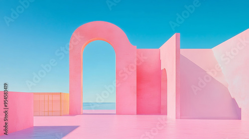 minimal geometric pink building structure, against bold blue sky, dreamlike architecture design background