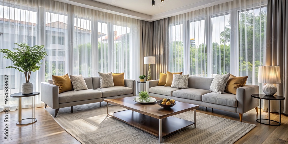 Fototapeta premium Ethereal ambiance is added to a modern living room by elegant sheer curtains, matching sleek furniture and vibrant