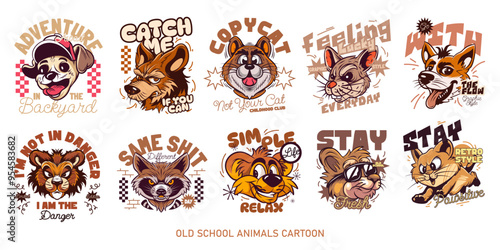 Old school animal cartoon character set, retro animals t shirt designs bundle, Animal graphic t shirt for print, groove graphic collection