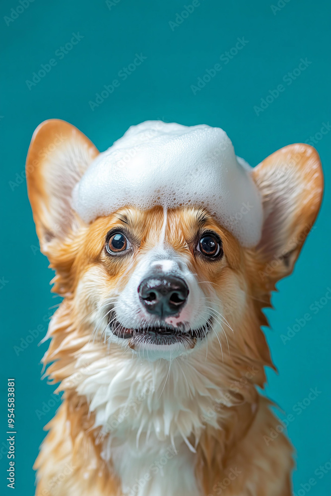 happy wet corgi dog taking bath with soap foam on his head . blue background. copy space happy wet corgi dog taking bath with soap foam on his head . blue background. copy space