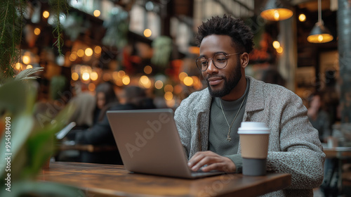 People city lifestyle young man sitting at cafe using laptop computer typing keyboard online outside banner panorama. Modern lifestyle, connection, business, online studying, freelance work concept