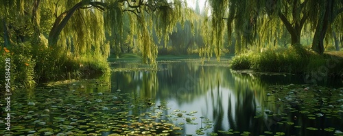 Tranquil pond surrounded by weeping willows, 4K hyperrealistic photo photo