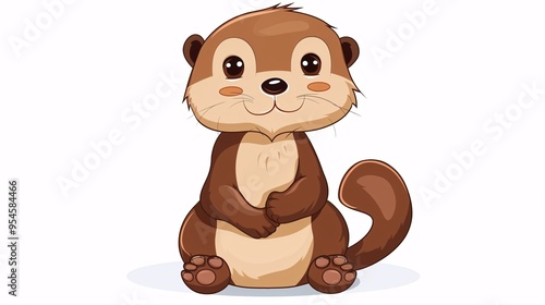 07231249 432. Cute cartoon otter sitting and holding its tail, set against a plain white background, perfect for children's illustrations or educational materials