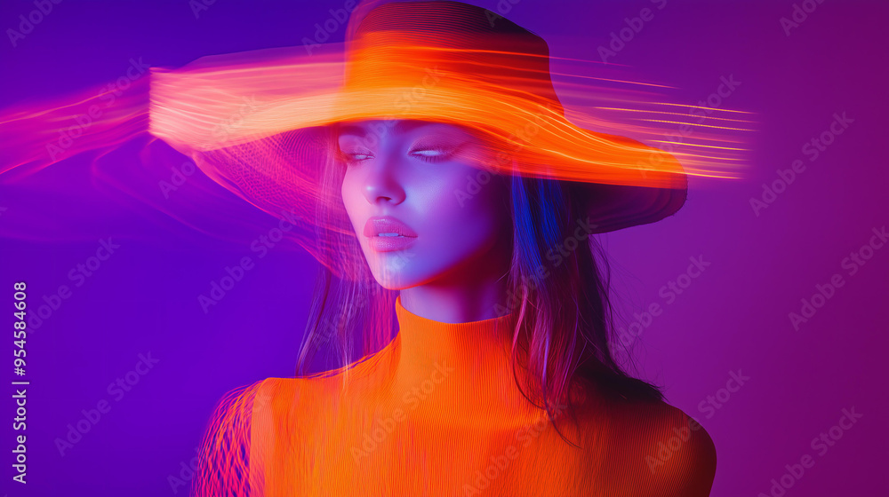 Minimalistic double exposure motion blur effect photography of a young woman wearing an orange top and an orange hat, against an purple background, with a Halloween fashion vibe , neon lights Minimalistic double exposure motion blur effect photography of a young woman wearing an orange top and an orange hat, against an purple background, with a Halloween fashion vibe , neon lights
