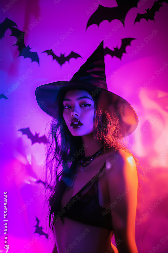 Minimalistic double exposure motion blur effect photography of a young woman wearing a black top and a black pointed hat, against an purple background with bats , with a Halloween vibe , neon lights Minimalistic double exposure motion blur effect photography of a young woman wearing a black top and a black pointed hat, against an purple background with bats , with a Halloween vibe , neon lights