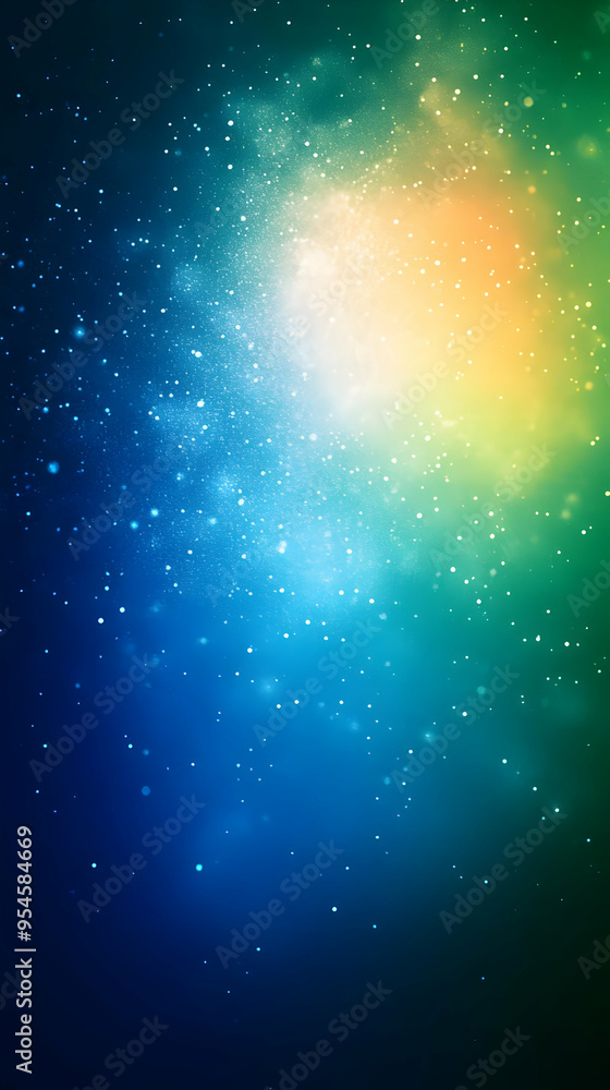 Fototapeta premium Abstract blue, green, and yellow gradient background with white glitter and bokeh.