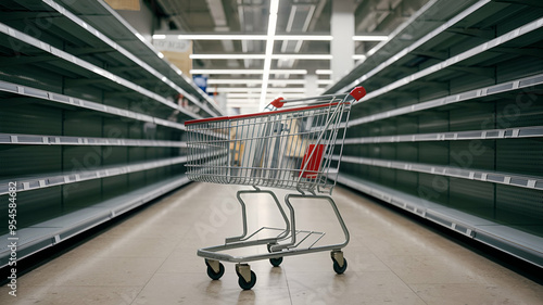 Desolate Shopping Aisle with Empty Cart Abandoned Store Shelves Under Bright Lights, Barren Retail Space Depicting Economic Decline or Supply Shortages