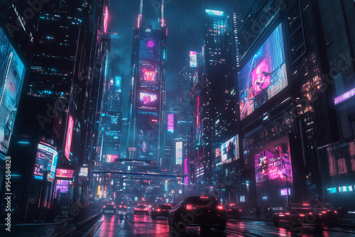 Futuristic cityscape at night, filled with neon lights, towering skyscrapers with holographic billboards, advanced flying vehicles, and a sleek, high-tech atmosphere, in a cyberpunk style