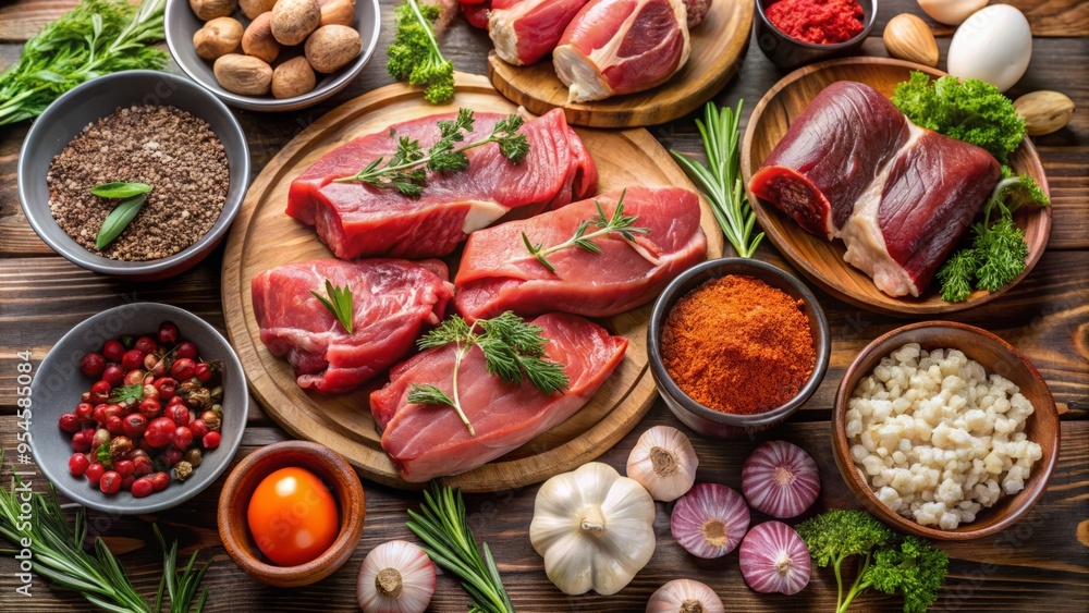 Fresh ingredients and cuts of raw meat, organs, and bones provide a nutrient-dense diet for pets, promoting optimal Fresh ingredients and cuts of raw meat, organs, and bones provide a nutrient-dense diet for pets, promoting optimal