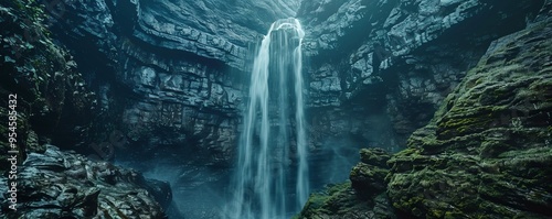 Vertical waterfall with a narrow stream plunging down a cliff, 4K hyperrealistic photo photo