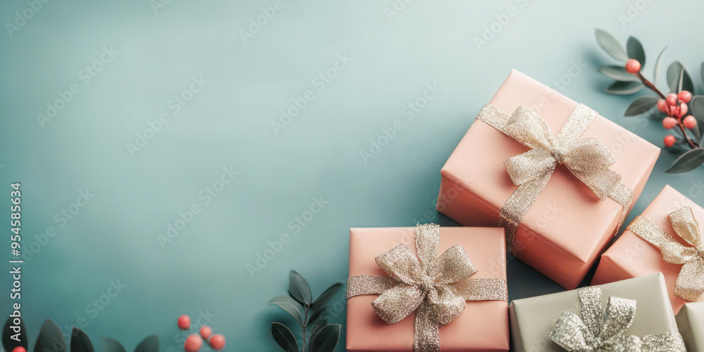 Elegant wrapped gifts with gold ribbons and sprigs of berries and leaves on a soft green background, creating a minimalist and festive composition. Elegant wrapped gifts with gold ribbons and sprigs of berries and leaves on a soft green background, creating a minimalist and festive composition.