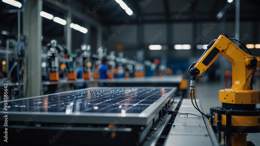 Robots assembling solar panels in an ultra-modern, automated factory Robots assembling solar panels in an ultra-modern, automated factory