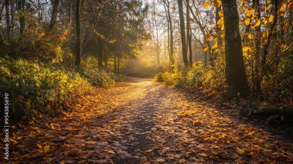 Obraz premium Golden Leaf Trail, a serene woodland path blanketed in autumn leaves, dappled sunlight gently illuminates the surroundings, inviting tranquility and reflection.