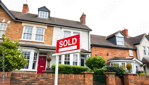 Estate agent property sales.  Sold sign on UK house isolated on a white background