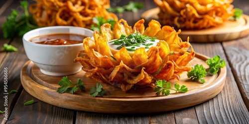 Golden onion blossoms, crispy fried and garnished with parsley, served with a side of sweet and tangy dipping photo