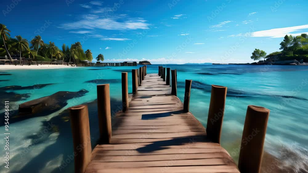 Exploring a serene wooden pier at a tropical beach during a sunny day in a picturesque coastal setting Exploring a serene wooden pier at a tropical beach during a sunny day in a picturesque coastal setting