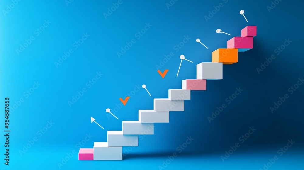 Obraz premium Stairway to Achievement, a visual journey depicting labeled steps representing diverse strategies, ascending towards the pinnacle of success.