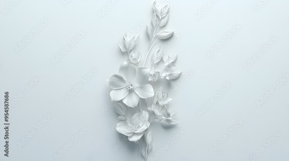 A 3D bas-relief of white flowers and leaves against a white background. A 3D bas-relief of white flowers and leaves against a white background.