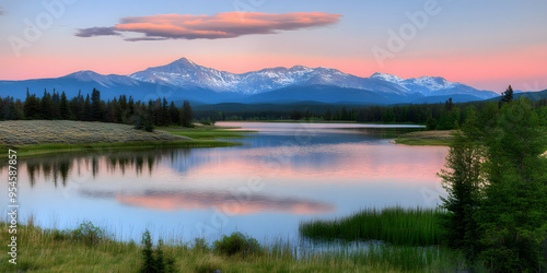 Peaceful serene mountain lake at sunset