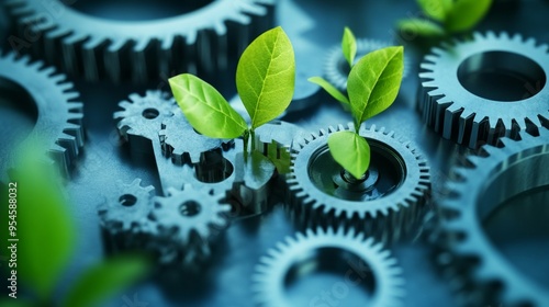 Symbolic Growth, interconnected gears nurturing vibrant plants, embodying the essence of business innovation and the synergy between industry and nature.