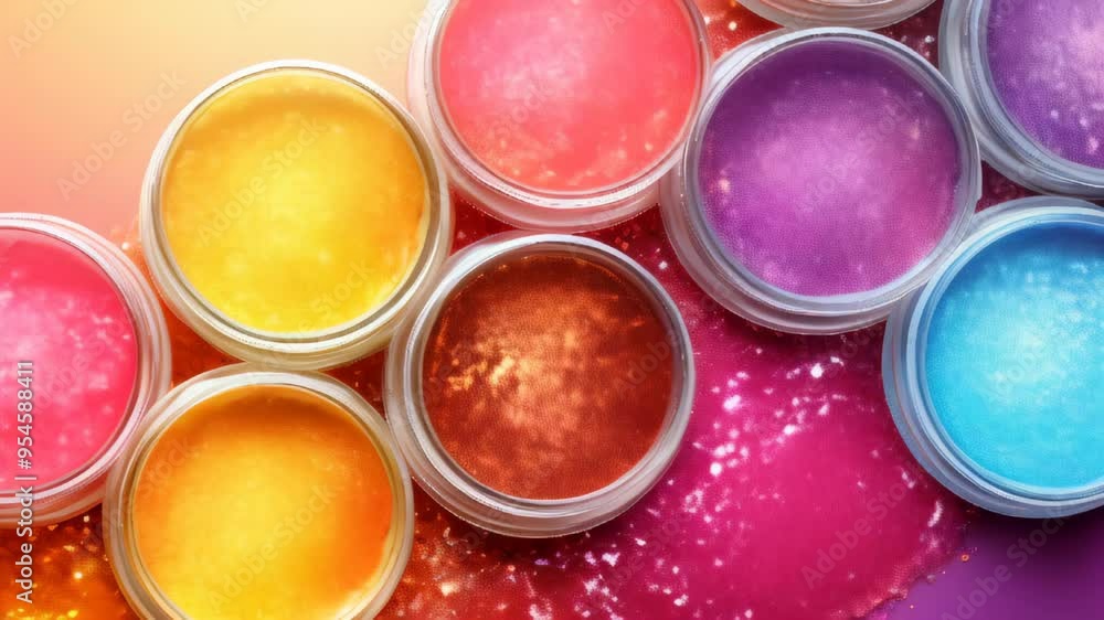 Colorful jars of shimmering gel in vibrant hues arranged artistically on a bright gradient background Colorful jars of shimmering gel in vibrant hues arranged artistically on a bright gradient background