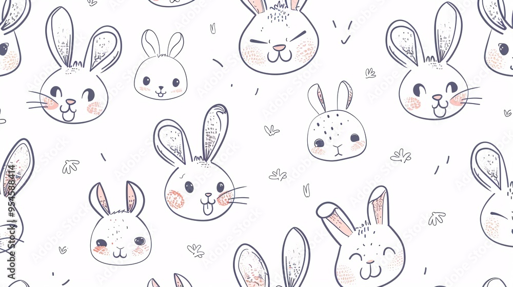 07231249 449. Line hand-drawn seamless pattern of cute rabbit faces on a white background, featuring various bunny expressions, perfect for children's fashion and kawaii design elements 07231249 449. Line hand-drawn seamless pattern of cute rabbit faces on a white background, featuring various bunny expressions, perfect for children's fashion and kawaii design elements