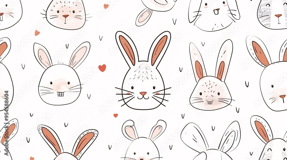 07231249 450. Vector illustration of a seamless pattern with hand-drawn bunny faces, showcasing different cute expressions on a clean white background, ideal for baby clothing and rodent animal 07231249 450. Vector illustration of a seamless pattern with hand-drawn bunny faces, showcasing different cute expressions on a clean white background, ideal for baby clothing and rodent animal