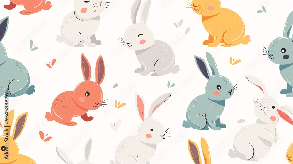 07231249 451. Colorful seamless pattern featuring cartoon bunnies in various playful poses, designed in a flat style, perfect for fabric prints, textile, and gift wrapping paper for kids 07231249 451. Colorful seamless pattern featuring cartoon bunnies in various playful poses, designed in a flat style, perfect for fabric prints, textile, and gift wrapping paper for kids