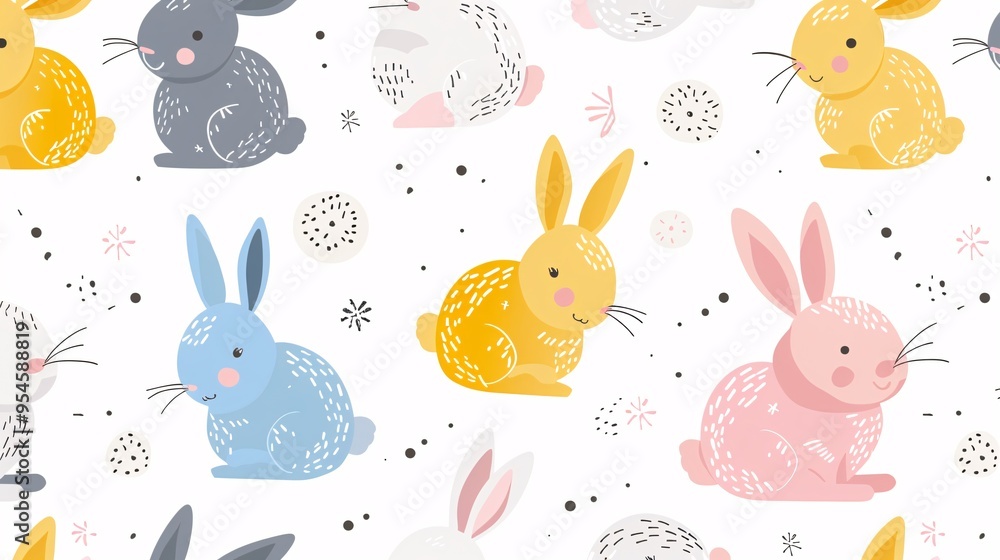 07231249 452. Adorable seamless pattern with cartoon bunnies, illustrated in a vibrant and flat style, suitable for children's fabric prints and gift wrapping paper 07231249 452. Adorable seamless pattern with cartoon bunnies, illustrated in a vibrant and flat style, suitable for children's fabric prints and gift wrapping paper