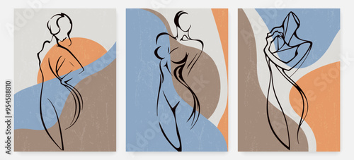 Abstract Linear Art Drawing of Female Body Wall Art Prints Set. Boho Cards with Woman Silhouette for Wall Décor, Bedroom Wall Art, Posters, Prints. Abstract Silhouettes Linear Style Hand Drawn Vector 