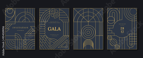 Luxury invitation card background vector. Elegant classic antique design, gold lines gradient on blue background. Premium design illustration for gala card, grand opening, art deco, wedding.