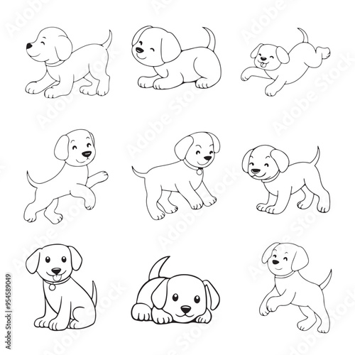 Nine dog icon set in different poses line art vector illustration on a white background 