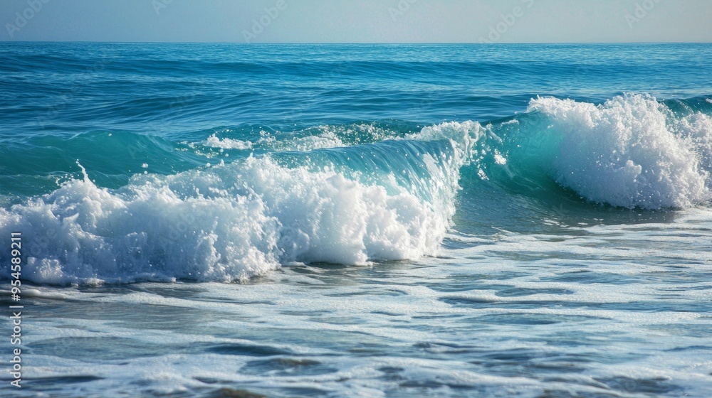 Fototapeta premium Tranquil Ocean Serenity, a peaceful coastal view with soft waves lapping at the shore, symbolizing clarity, focus, and strategic thinking in business planning.