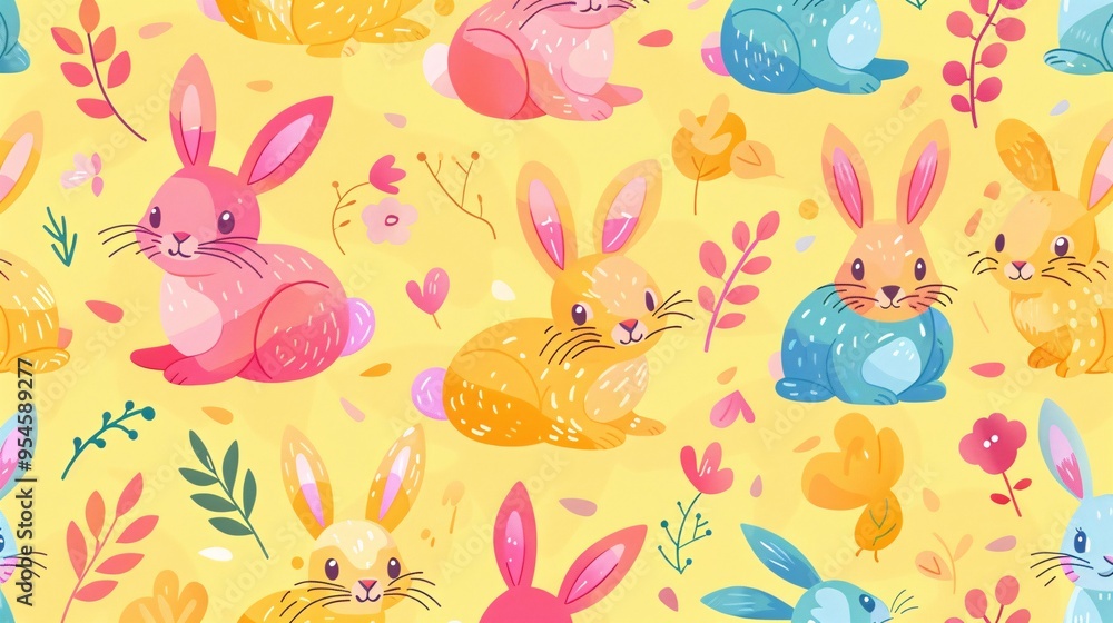 07231249 452. Adorable seamless pattern with cartoon bunnies, illustrated in a vibrant and flat style, suitable for children's fabric prints and gift wrapping paper 07231249 452. Adorable seamless pattern with cartoon bunnies, illustrated in a vibrant and flat style, suitable for children's fabric prints and gift wrapping paper