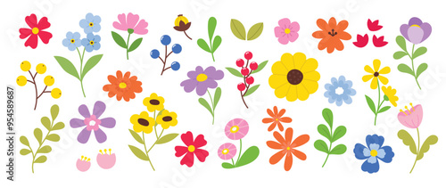 Collection of spring colorful flower elements vector. Set floral of wildflower, leaf branch, foliage on white background. Hand drawn blossom illustration for decor, easter, thanksgiving, clipart.