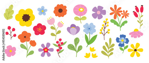 Wallpaper Mural Collection of spring colorful flower elements vector. Set floral of wildflower, leaf branch, foliage on white background. Hand drawn blossom illustration for decor, easter, thanksgiving, clipart. Torontodigital.ca