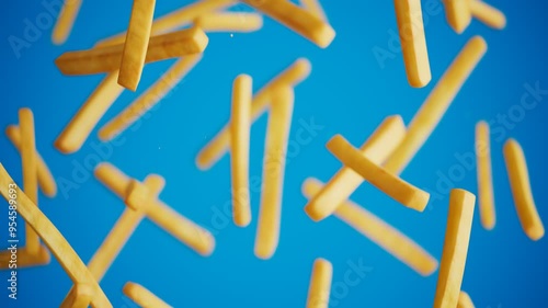 Endless Animation Of Falling French Fries Chips Slow Motion Blue Background Animation Of Just Fried French Fries Falling Down Blue Background Slow Motion Shot Preparation Of Fries In The Kitchen