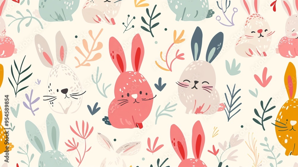 07231249 454. Playful seamless pattern with cartoon bunnies, featuring a colorful and flat style design, perfect for fabric prints and wrapping paper for children 07231249 454. Playful seamless pattern with cartoon bunnies, featuring a colorful and flat style design, perfect for fabric prints and wrapping paper for children