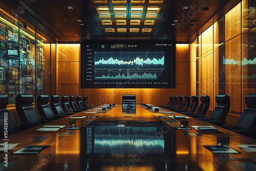 A boardroom at a central bank, officials intensely discussing interest rate changes, charts and graphs illustrating the decisionmaking process